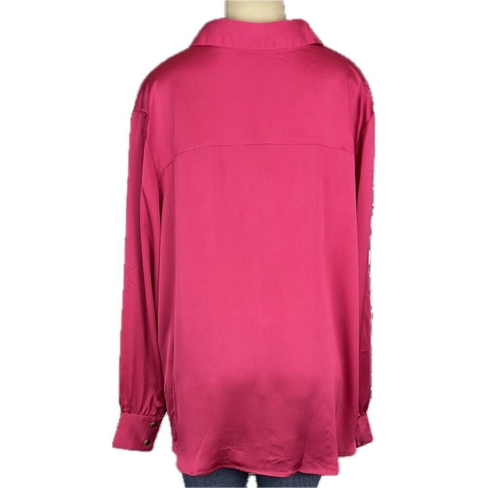 Fashion To Figure +3 Rose Pink Satin Button Down Collar Pocket Long Sleeve Shirt — image 4 of 6